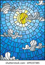 Illustration in stained glass style sun and clouds on blue sky background