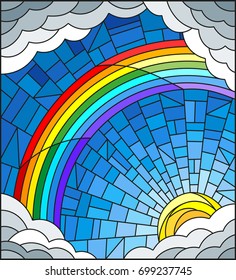 Illustration in stained glass style sun ,rainbow and clouds on blue sky background