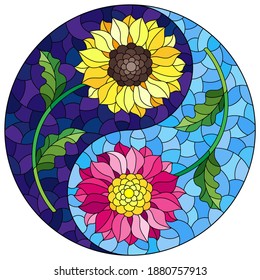 Illustration in stained glass style with sunflower and Aster flowers in the form of a Yin Yang sign on a blue background, round image