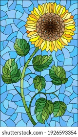 Illustration in stained glass style with sunflower flower on a blue sky background, rectangular image
