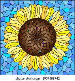 Illustration in stained glass style with sunflower flower on a blue sky background, rectangular image