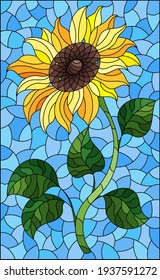 Illustration in stained glass style with sunflower flower on a blue sky background, rectangular image