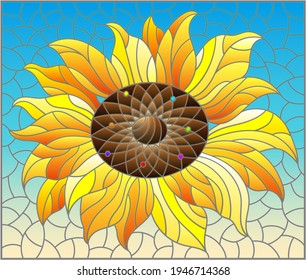 Illustration in stained glass style with sunflower flower on a blue sky background, rectangular image