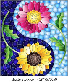 Illustration in stained glass style with sunflower and Aster flowers on a blue background, rectangular image