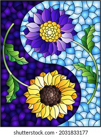Illustration in stained glass style with sunflower and Aster flowers on a blue background, rectangular image