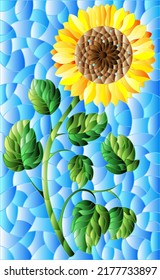 Illustration in stained glass style with sunflower flower on a blue sky background, rectangular image