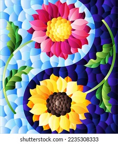 Illustration in stained glass style with sunflower and Aster flowers on a blue background, rectangular image