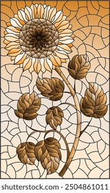 Illustration in stained glass style with sunflower flower on a sky background, rectangular image, tone brown