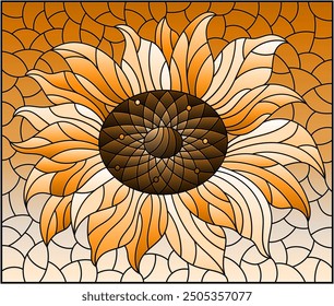 Illustration in stained glass style with sunflower flower on a sky background, rectangular image, tone brown