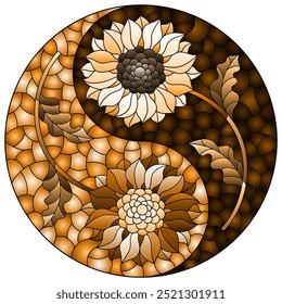 Illustration in stained glass style with sunflower and Aster flowers in the form of a Yin Yang sign, round image, tone brown