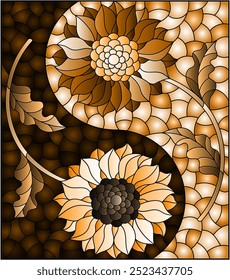 Illustration in stained glass style with sunflower and Aster flowers, rectangular image, tone brown