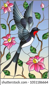 Illustration in stained glass style with swallow on background of the sky ,greenery and pink flowers