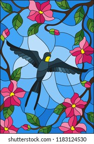 Illustration in stained glass style with swallow on background of the sky ,greenery and pink flowers