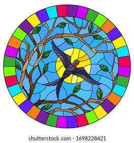 Illustration in stained glass style with a swallow bird on the background of tree branches and the sky with the sun, oval image in a bright frame