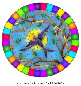 Illustration in stained glass style with a swallow bird on the background of tree branches and the sky with the sun, oval image in a bright frame