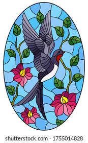 Illustration in stained glass style with a swallow bird on the background of tree branches with flowers and the sky, oval image