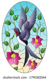 Illustration in stained glass style with a swallow bird on the background of tree branches with flowers and the sky, oval image