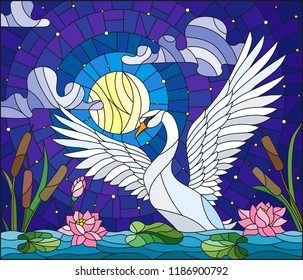 Illustration in stained glass style with Swan , Lotus flowers and reeds on a pond in the moon, starry  sky and clouds