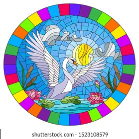 Illustration in stained glass style with Swan , Lotus flowers and reeds on a pond in the sun, sky and clouds, oval image in bright frame