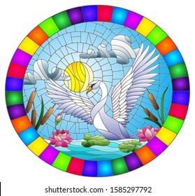 Illustration in stained glass style with Swan , Lotus flowers and reeds on a pond in the sun, sky and clouds, oval image in bright frame