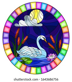 Illustration in stained glass style with Swan , Lotus flowers and reeds on a pond in the moon, sky and clouds, oval image in bright frame