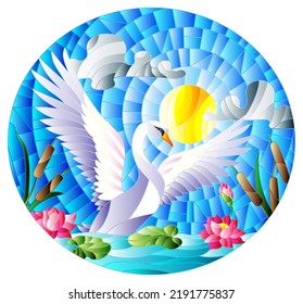 Illustration in stained glass style with Swan , Lotus flowers and reeds on a pond in the sun, sky and clouds, oval image 