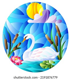 Illustration in stained glass style with Swan , Lotus flowers and reeds on a pond in the sun, sky and clouds, oval image i