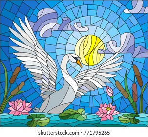 Illustration in stained glass style with Swan , Lotus flowers and reeds on a pond in the sun, sky and clouds