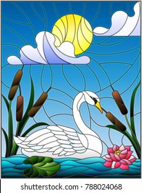 Illustration in stained glass style with Swan , Lotus flowers and reeds on a pond in the sun, sky and clouds