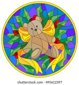 Illustration in stained glass style with a Teddy bear, ribbon and Holly branches  on a blue background, round picture frame