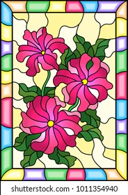 Illustration in stained glass style with three bright pink flowers of Petunia, buds and leaves on a yellow background in a frame