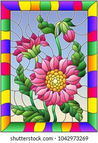 Illustration in stained glass style with three bright pink flowers  , buds and leaves on a sky background in a frame