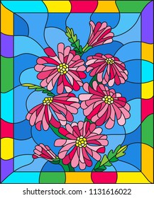 Illustration in stained glass style with three bright pink flowers  , buds and leaves on a blue background in bright frame 