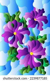 Illustration in stained glass style with three bright purple flowers of Petunia, buds and leaves on a blue background