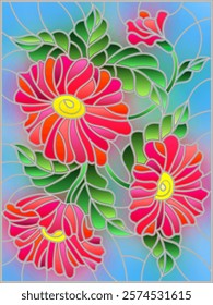 Illustration in stained glass style with three bright red flowers, buds and leaves on a blue background