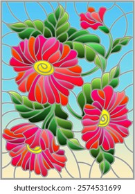 Illustration in stained glass style with three bright red flowers, buds and leaves on a blue background