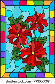 Illustration in stained glass style with three bright red flowers of Petunia, buds and leaves on a blue background in a frame