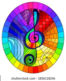 Illustration in stained glass style with a treble clef on an abstract rainbow background, oval image in a bright frame