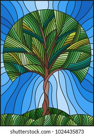 Illustration in stained glass style with tree on sky background 