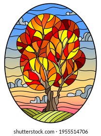 Illustration in stained glass style with tree on sky background,oval image