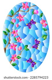 Illustration in stained glass style with tree branches with pink flowers and purple butterflies on a blue sky background. oval image