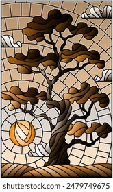 Ilustración en estilo vitral con un árbol sobre fondo de cielo y sol, tono marrón