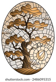 Ilustración en estilo vitral con un árbol sobre fondo celeste y sol, Imagen ovalada, tono marrón