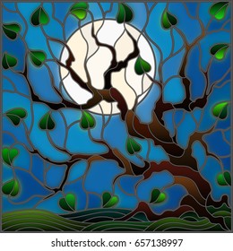 Illustration in stained glass style with tree on sky background and moon