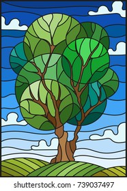 Illustration in stained glass style with tree on sky background 