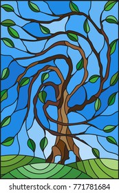 Illustration in stained glass style with tree on sky background 