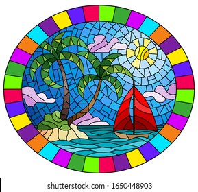 Illustration in stained glass style with a tropical sea landscape, coconut trees  on the sandy beach and a ship , oval image in bright frame