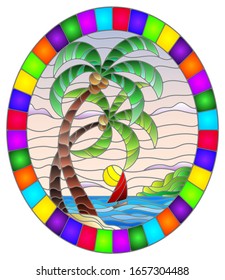 Illustration in stained glass style with a tropical sea, landscape, coconut trees  on the sandy beach, oval image in bright frame