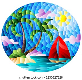 Illustration in stained glass style with a tropical sea landscape, coconut trees  on the sandy beach and a ship , oval image