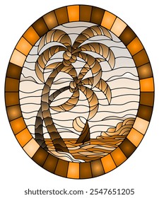 Illustration in stained glass style with a tropical sea, landscape, coconut trees  on the sandy beach, oval image in frame, tone brown